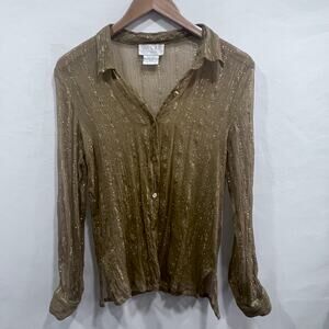 SILK CLUB Petite Metallic Stripe Sheer Button Up Blouse Top Gold Size P/M